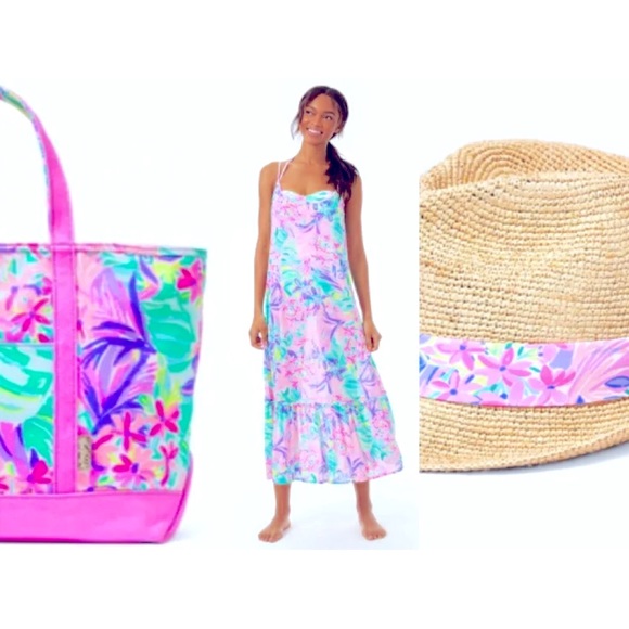NWT LILLY PULITZER WINNI COVER-UP/ MERCATO TOTE/HAT SET IT WAS ALL A DREAM FIRM - Picture 3 of 10
